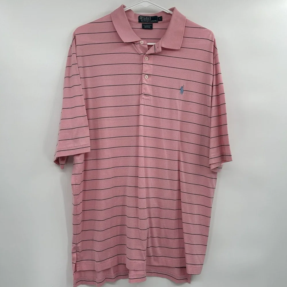 Polo Ralph Lauren Mens Preppy Short Sleeve‎ Striped Polo Shirt Sz L Pink Golf
